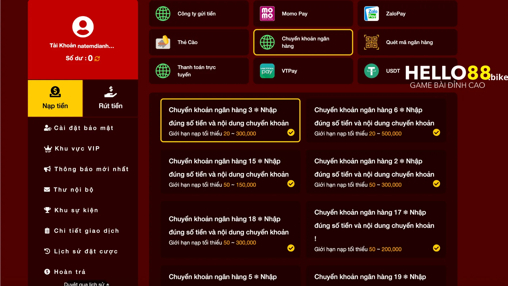 Phương thức giao dịch nạp tiền qua chuyển khoản ngân hàng Phương thức giao dịch nạp tiền qua chuyển khoản ngân hàng